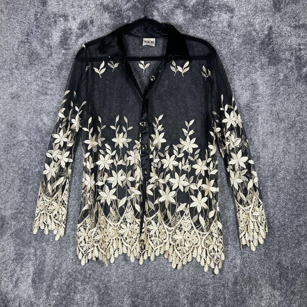 SAM Tunic Womens XL Black Mesh Embroidered Button-Up Floral Scalloped Hem USA